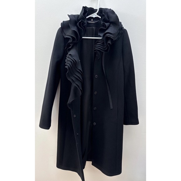 Elie Tahari Woman's Black 100% wool ruffle front Coat Size X-Small - Picture 12 of 16
